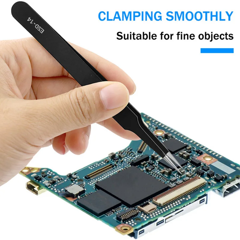 ESD Safe Stainless Steel Tweezers Set - Straight Curved Tips for Precision Maintenance Industrial Electronics Repair Hand Tools