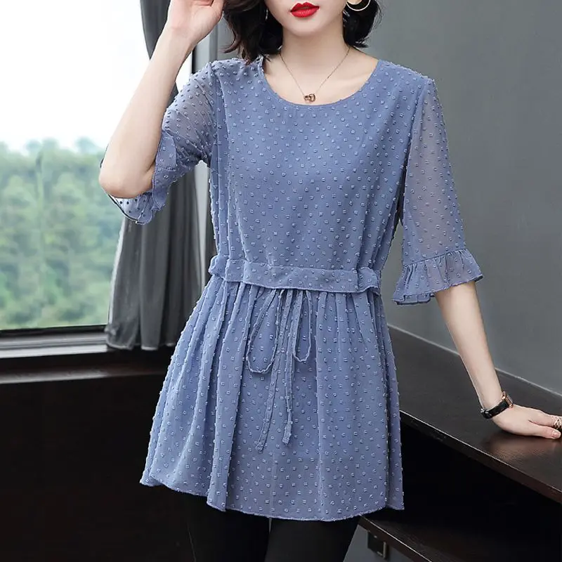 Summer New Female Clothing Round Neck Blouses Solid Color Half Sleeve Tops Women Frenulum Bow Flare Sleeve Fashion Chiffon Shirt