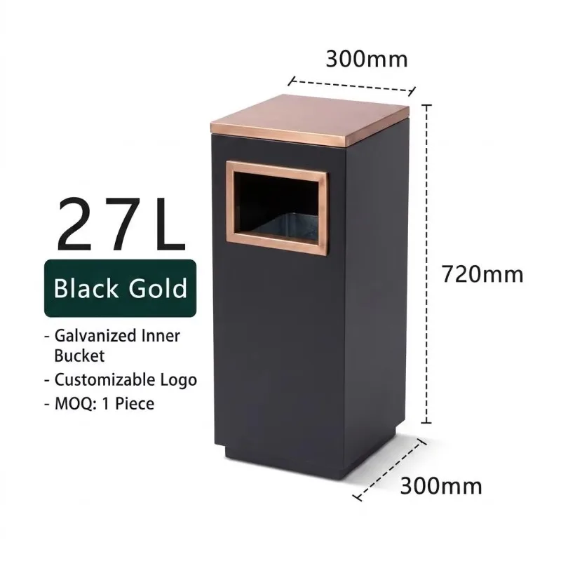 Square luxury garbage bin rose gold black independent dual channel design, scratch resistant for hotel use