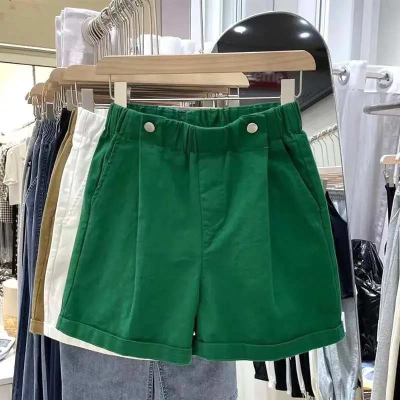 Women's Summer Shorts 2024 Beautiful Cotton Wide-leg Shorts Casual Solid Green Khaki Button Elastic Waist Denim Shorts Women