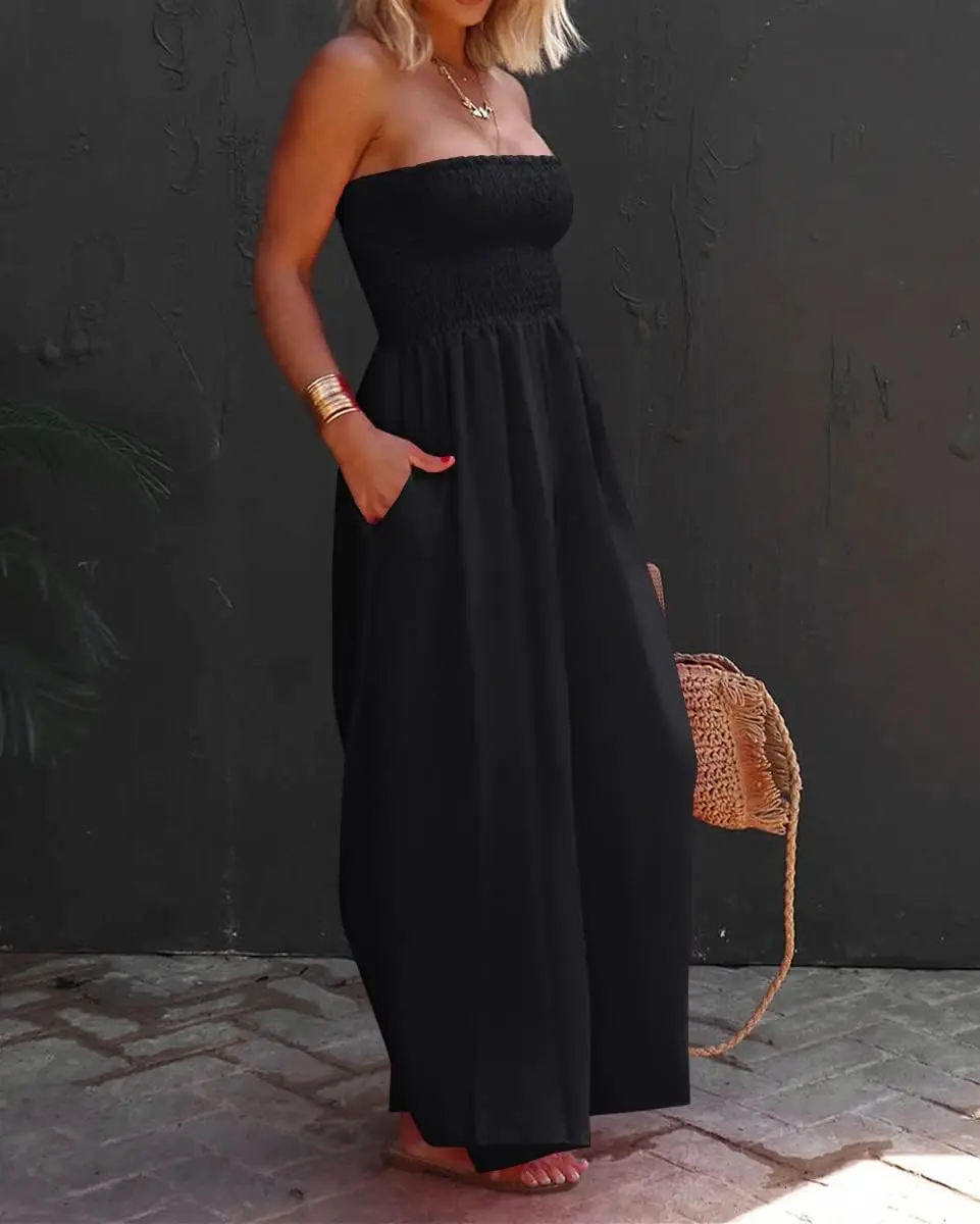 Sleeveless Strapless Overalls For Women Summer Casual Loose Fit Jumpsuits Wide Leg Pants Solid Color Pocket Bodycon Bodysuit