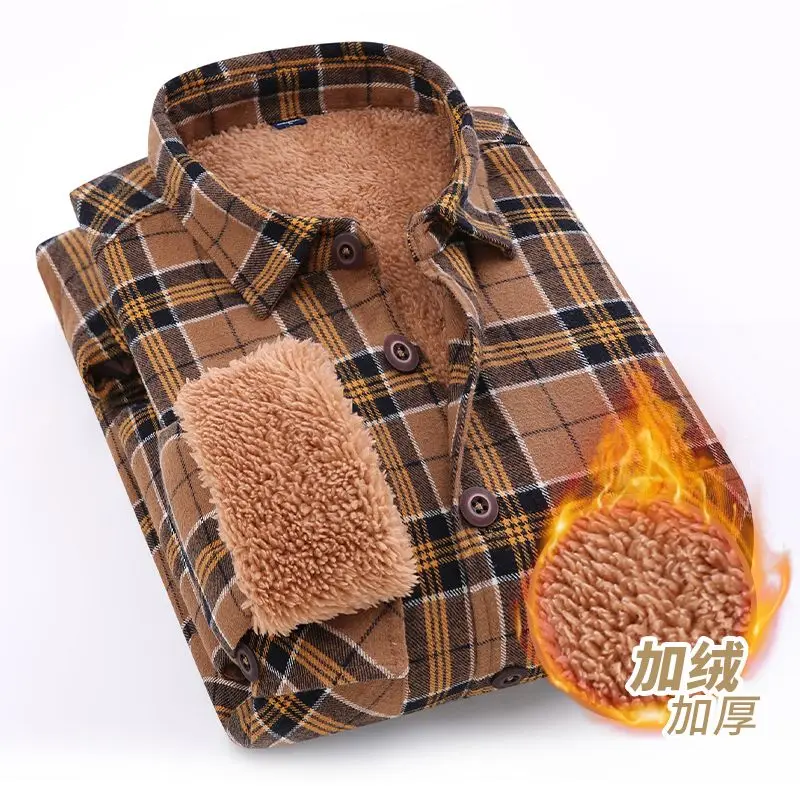 Autumn and Winter Men's Lambswool Long Sleeve Shirt Casual Business Plaid Button-up Turn-down Collar Cardigan Coats Thicken Top