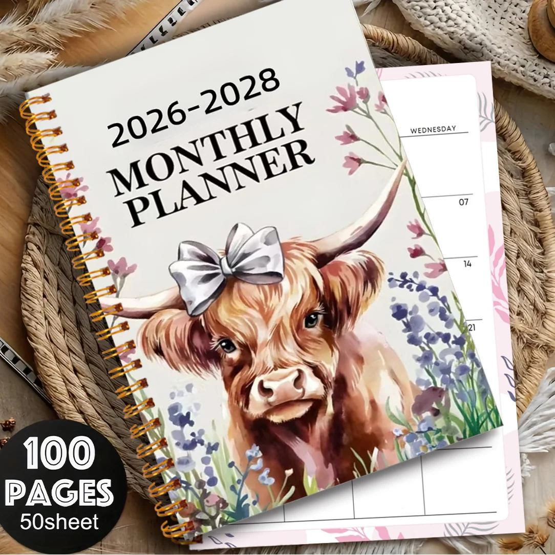 Produktname: 1 Stück Buch 2026-2028 Elegantes Highland Cow Design |   Wochen- und Monatsplaner, spiralgebundenes Notizbuch für Büro, Schule, Zuhause, Geschenk – robuster Papier-Organizer, Schulbedarf,