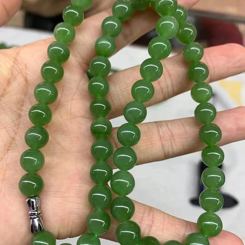 

Russian material Hotan round bead necklace, spinach green ethnic style women's jade sweater chain