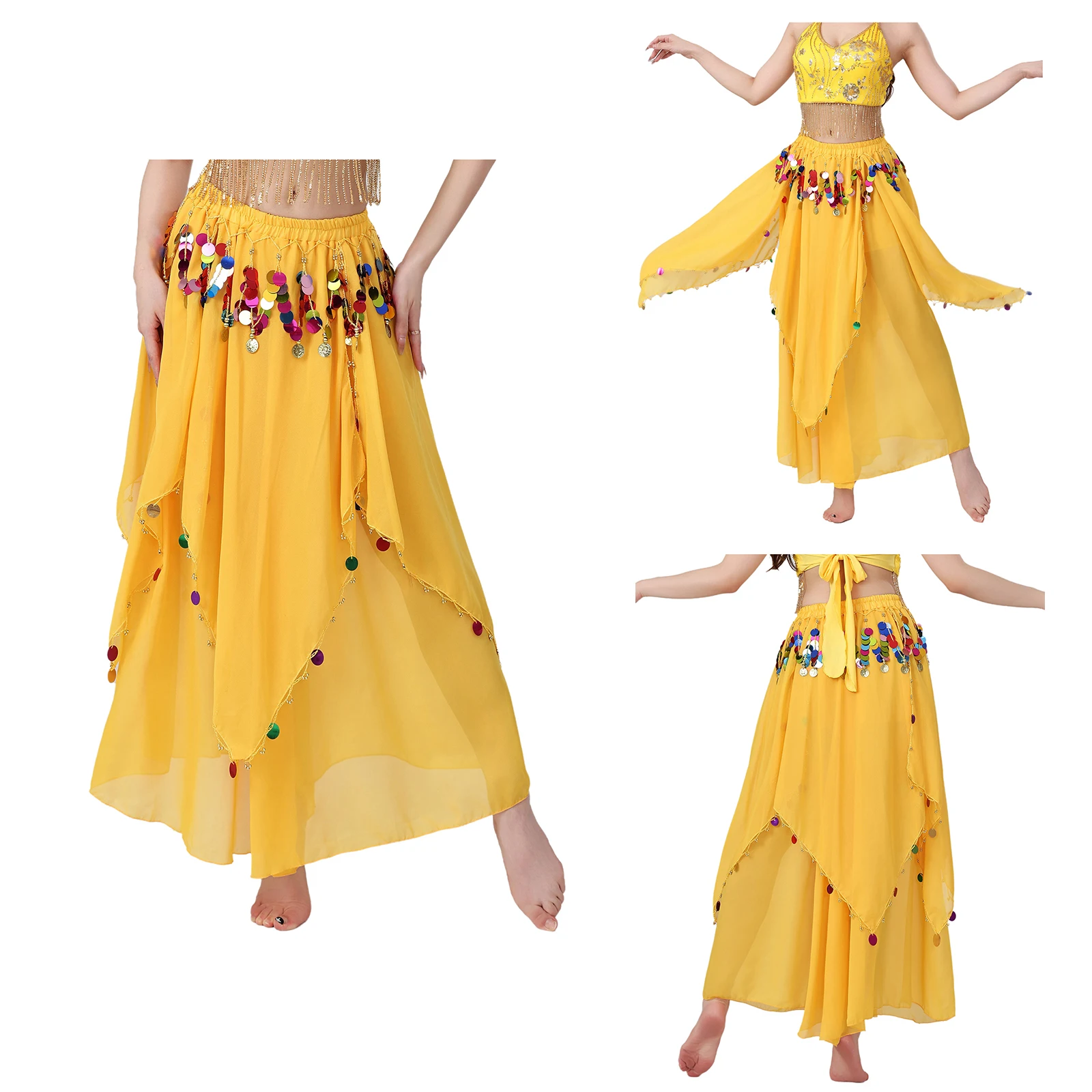 Vrouwen Lyrische Buikdans Prestaties Chiffon Rok Glittery Pailletten Kwastje Rok Danskleding voor India Folk Buikdanskostuums