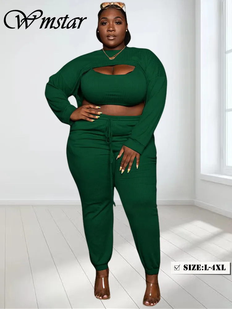 

Wmstar Plus Size Pants Sets Fashion Sexy Ribbing Chest Open Cut Solid Legging Matching 3 Piece Set Fall Wholesale Dropshipping