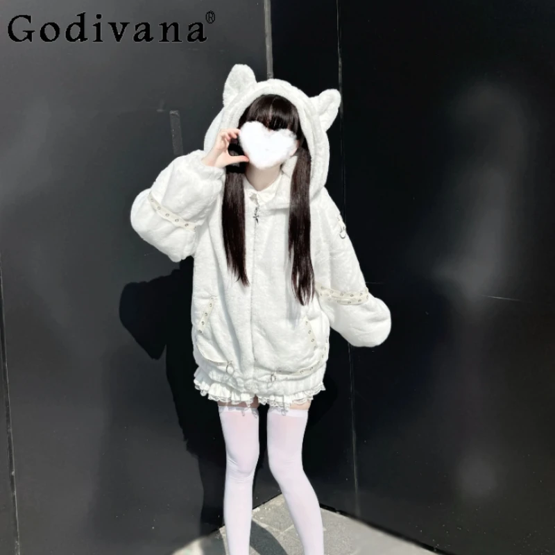 

Японская субкультура, готическая куртка из искусственного меха, зимняя новая милая теплая утолщенная шуба для девочек, женская плюшевая куртка с капюшоном