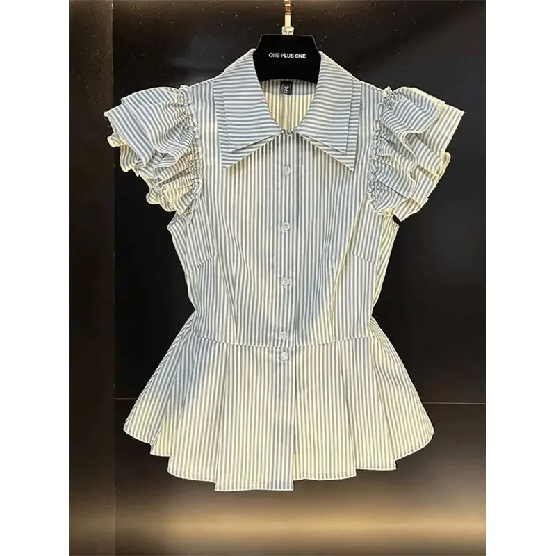 

French Polo neck striped short-sleeved shirt women's summer 2024 new high-grade fashion waist slim temperament skirt top