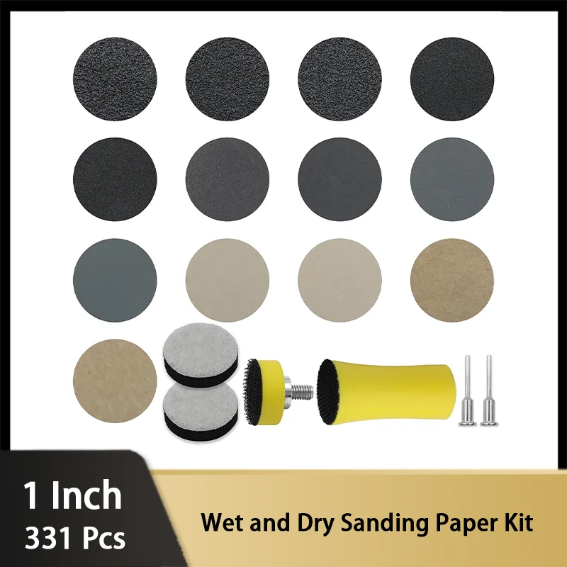 1 Inch Wet & Dry Sandpaper 331 Pieces with Backing Pad and Soft Foam Buffering Pad 60-10000 Grits for Wood Metal Mirror Jewelry