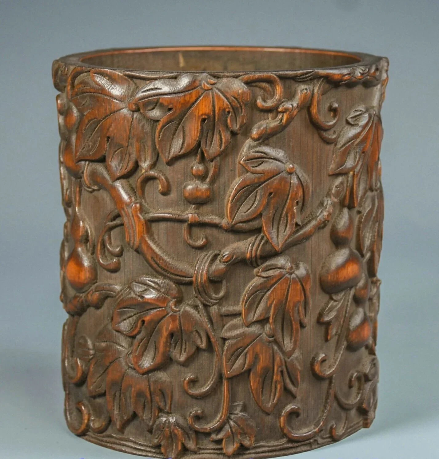 6.2' Collect Old China Natural Bamboo Carved Gourd Calabash Brush Pot Pencil Vase
