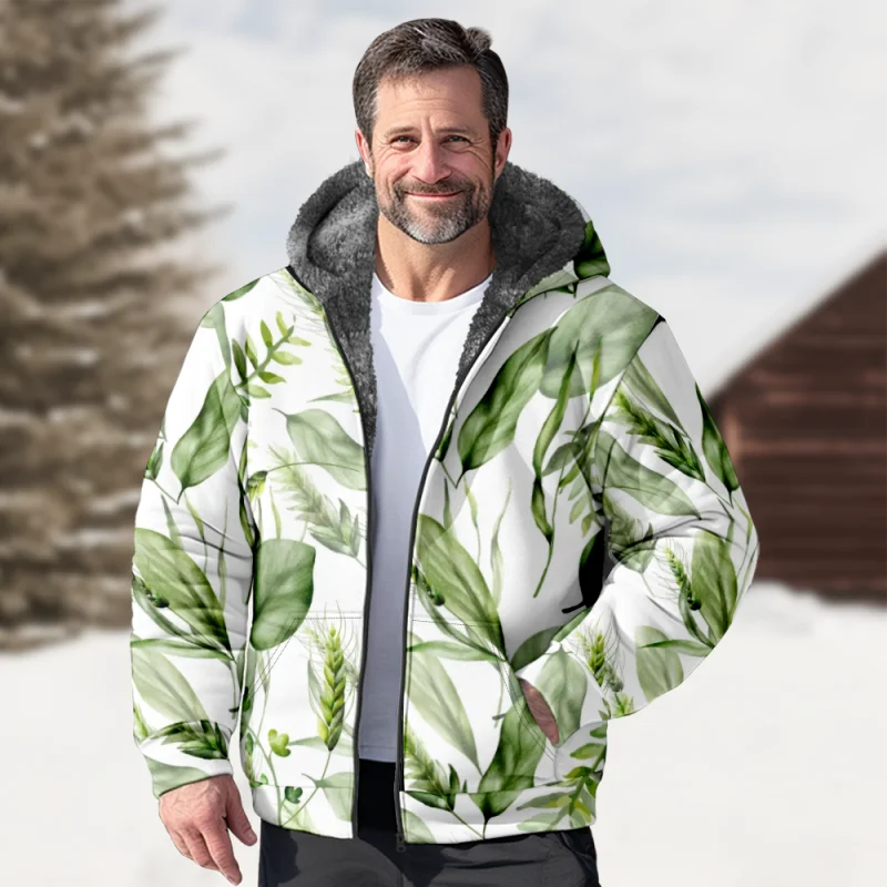 

New banana leaf cotton outerwear hooded sweater casual printed men's terry Arctic velvet zipper patch pocket hooded sweater