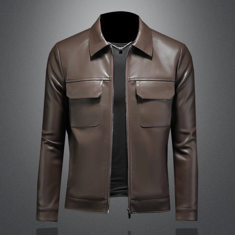 

2025 Autumn Pocket Decoration Leather Jackets Men Fashion Slim Fit Motorcycle Bike Jacket Lapel Casual Streetwear Social Jacket