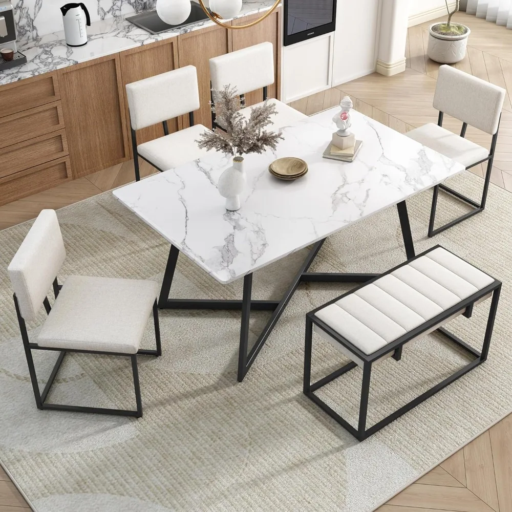 

Dining Room Sets, 6-Piece Dinings Table Set, Metal Frame and Upholstered 4 Dinings Chairs& Bench, Dining Room Sets