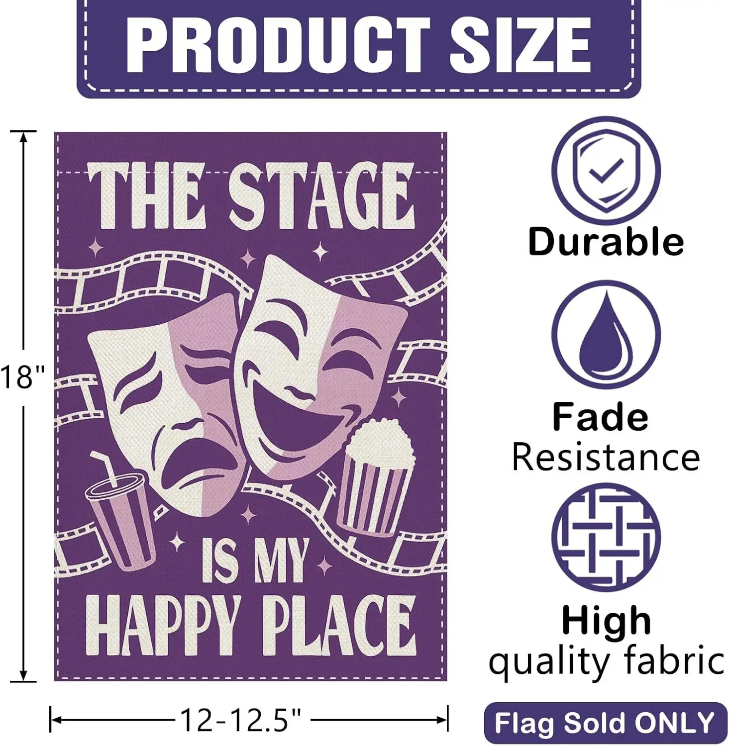 Dyrenson The Stage is My Happy Place Theater Garden Flag, Purple Drama Comedy Tragedy Mask Popcorn Film Reel Yard Outside Ho view 3