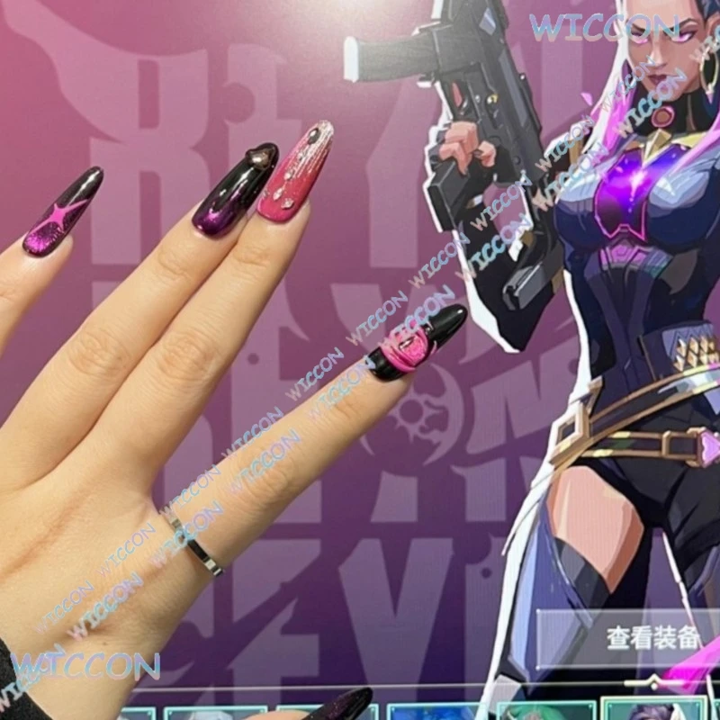 VALORANT Viper Reyna Fade Character Press On Nails Токсичный дизайн Y2K Гот Акрил Длинные шпильки Неоновое свечение Темный принт когтей Косплей