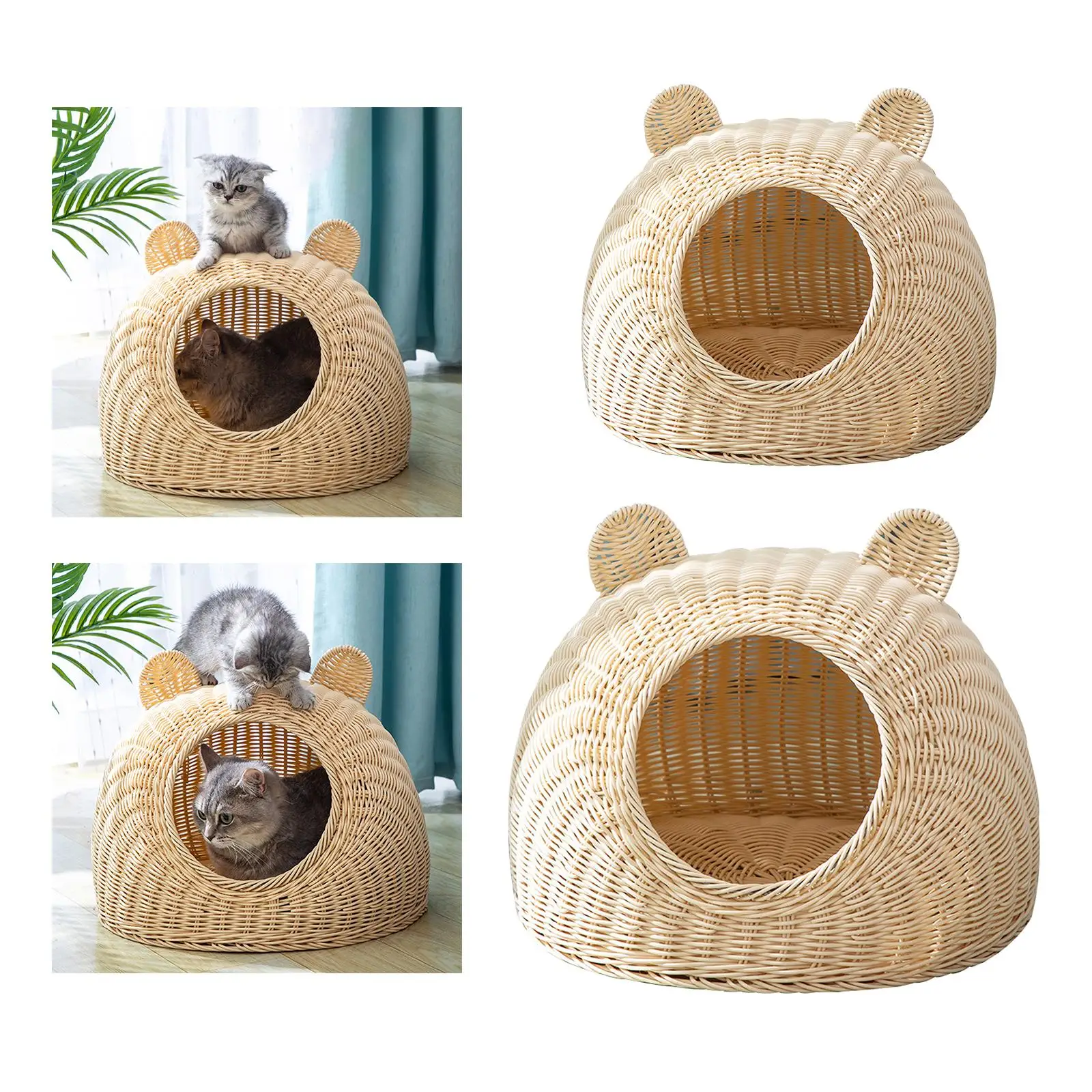 Solid Rattan Cat Bed Round Indoor Nest Cat Shaped Hideaway Kitty Interactive