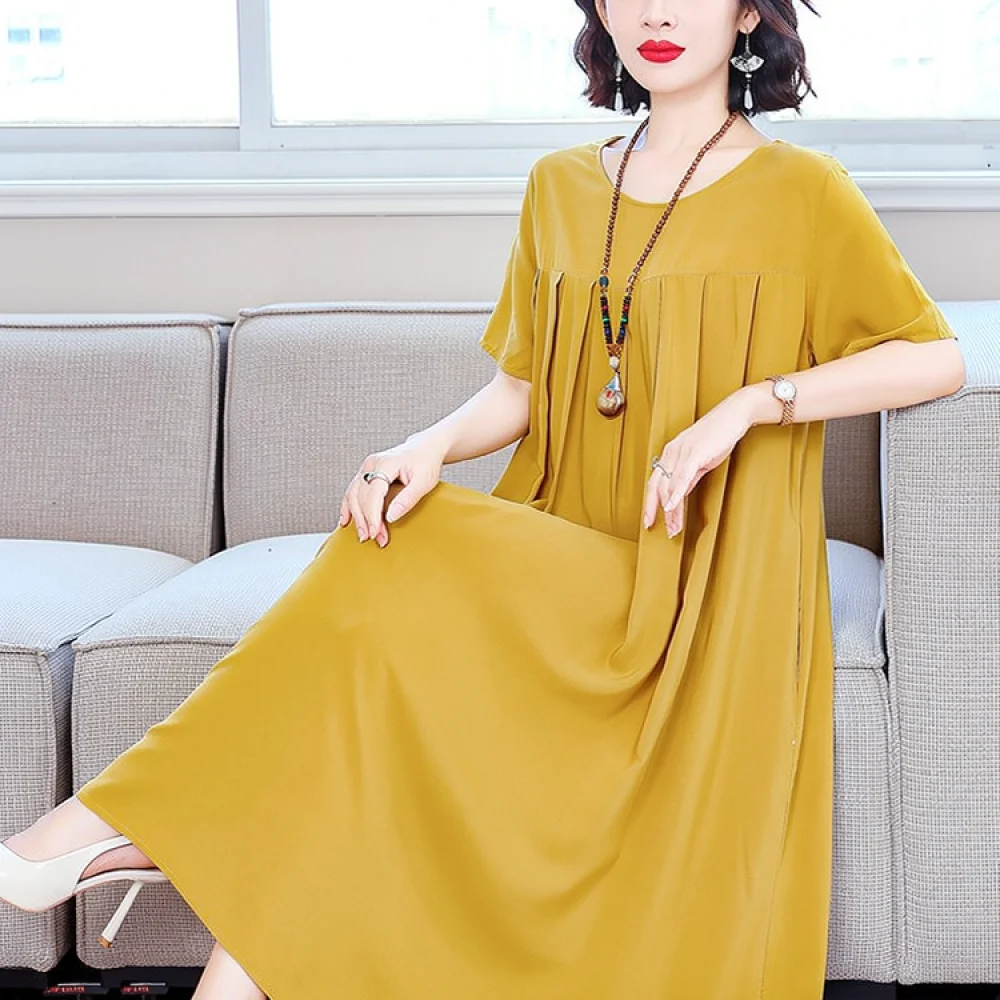 Summer Elegant Dress For Women Casual Loose Mother Clothing Plus Size Cotton Feel Material Breathable Soft Midi Apparel