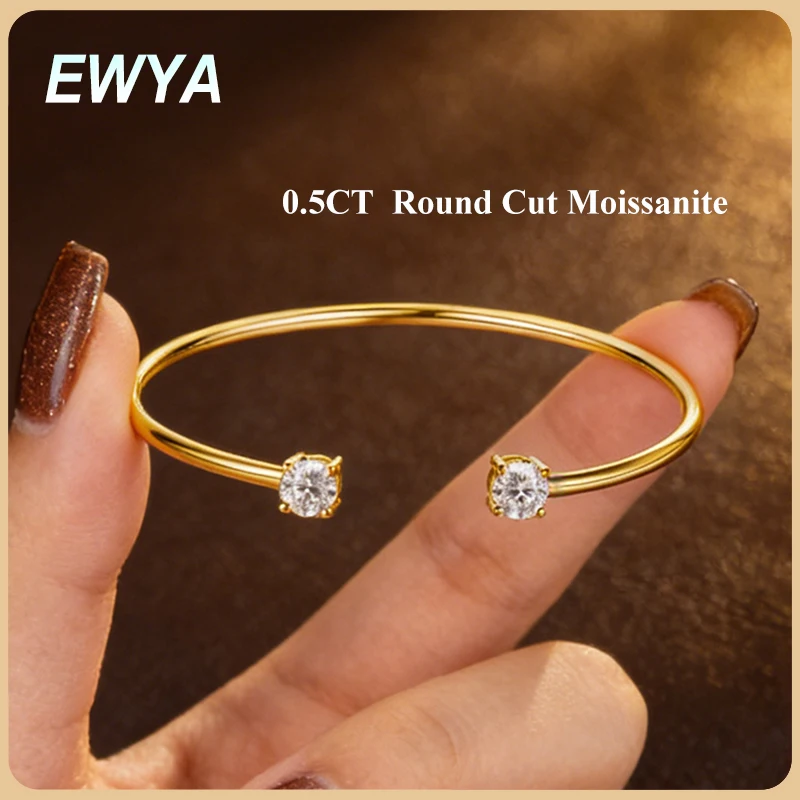 

EWYA Dainty 0.5CT Round Brilliant Cut Moissanite Cuff Bangle for Women s925 Silver Lab Diamond Open Hand Chain Bracelet Gift