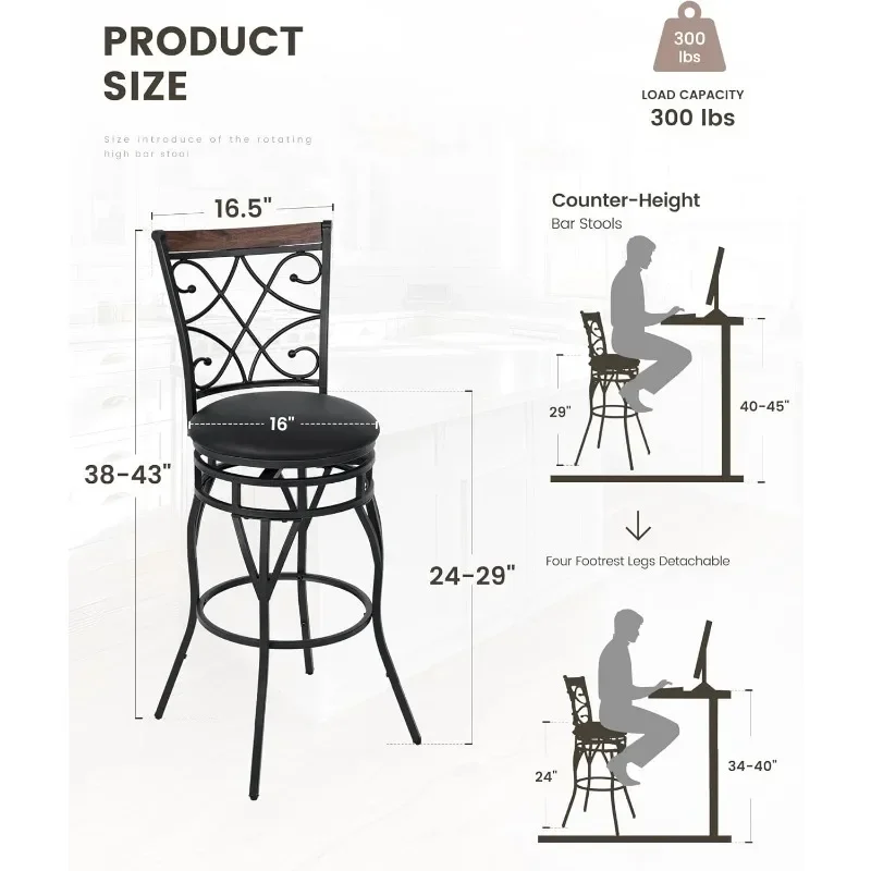 Draaibare barkrukken op tegenhoogte met rugleuning, verstelbare barhoogte stoelen, barkrukken, PU-lederen zitting in retrostijl