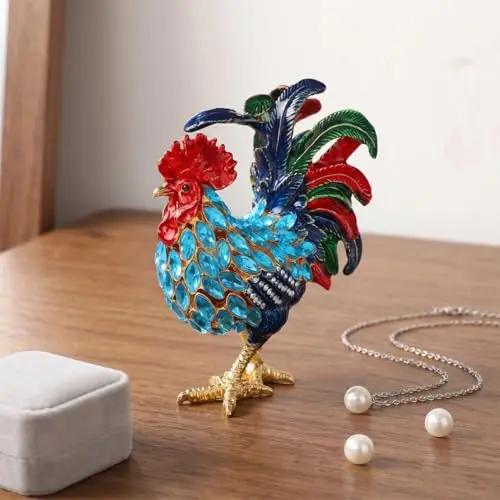

Colorful Enamel Rooster Jewelry Box With Crystal Accents Hinged Trinket Container For Decorative Gifting