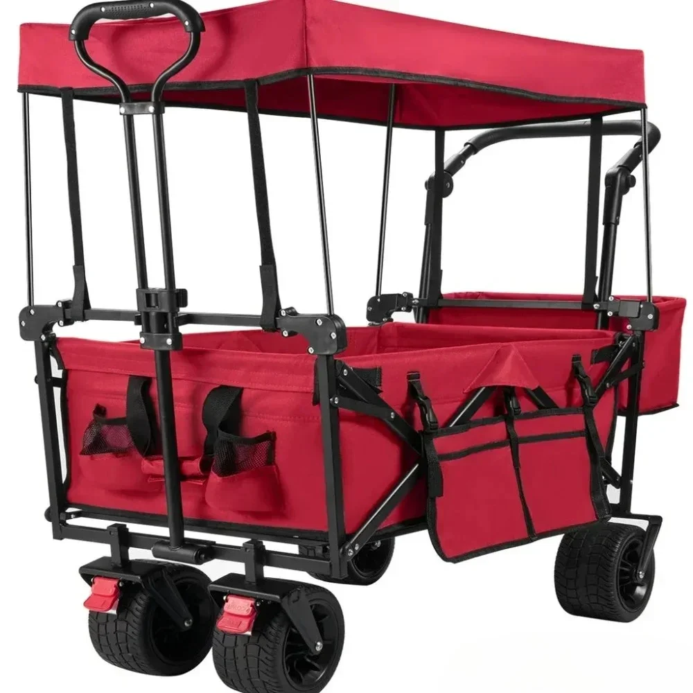 

Collapsible Garden Wagon Cart with Removable Canopy, Foldable Wagon Utility Carts with Wheels and Rear Storage, Wagon Cart
