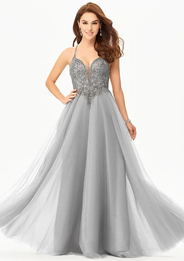 Sexy Fashion A line V neck Formal Party Prom Sleeveless Tulle Long Length With Beading Rhinestone Glitter