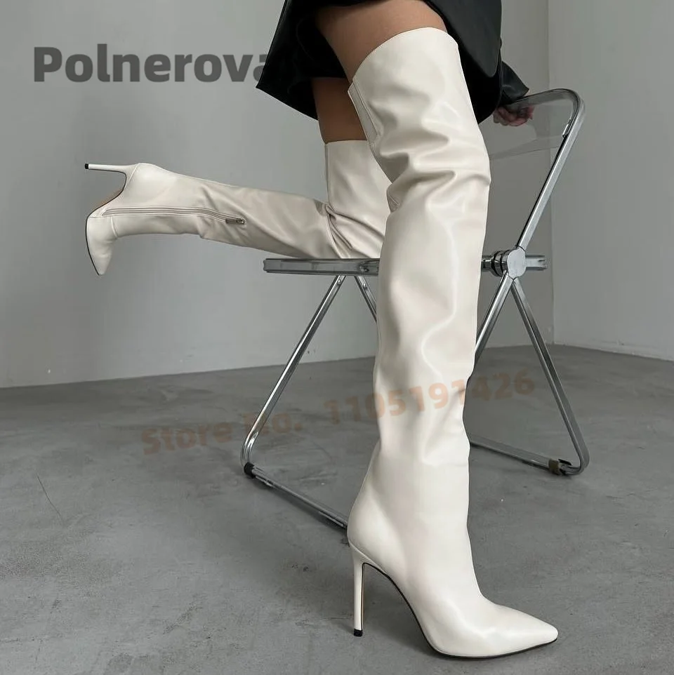 

White Black Over The Knee Boots for Women Sexy Pointed Toe Stiletto Leather Long Boots Side Zipper Stylish High Heels Shoes
