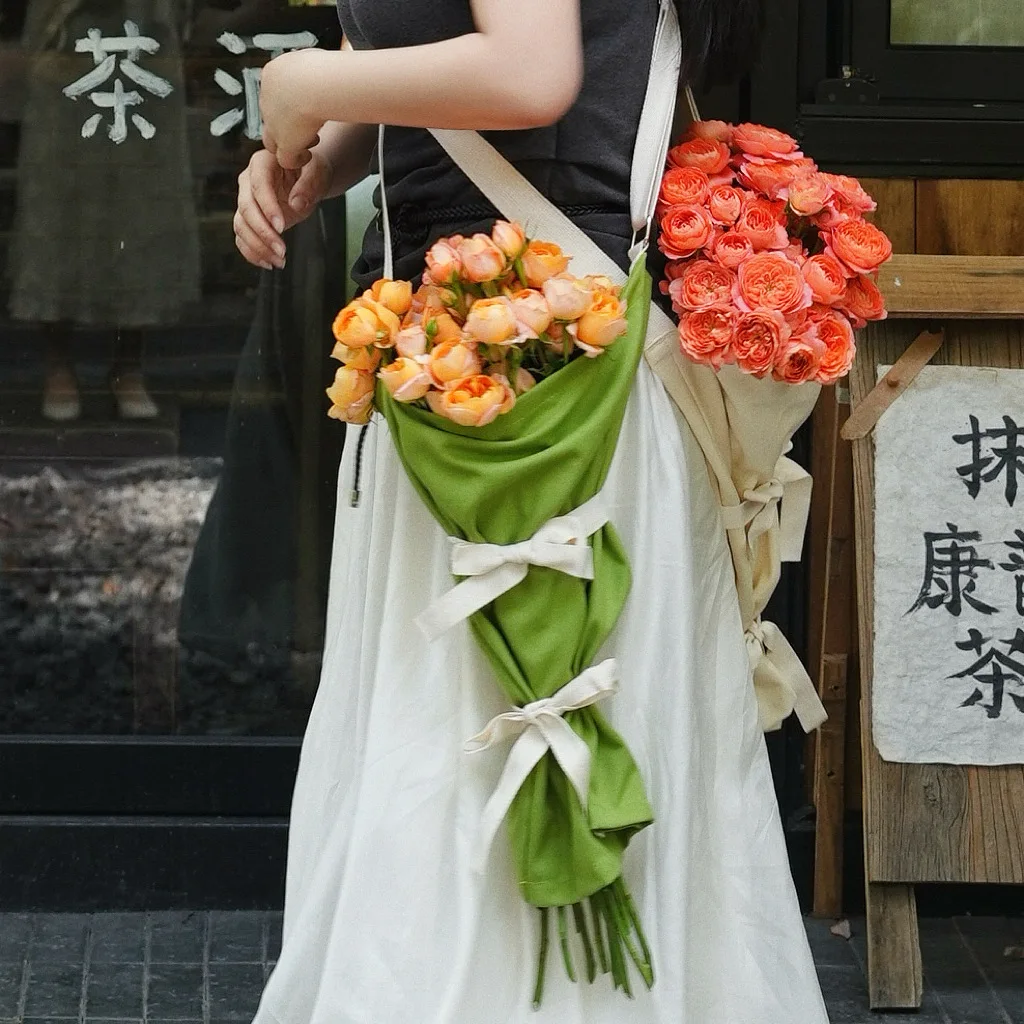 Personalized Flower Bouquet Bag Canvas Green Flower Hanging Carrying Bag DIY Logo Name Unique Gifts Flower Wrapping Farm Gifts