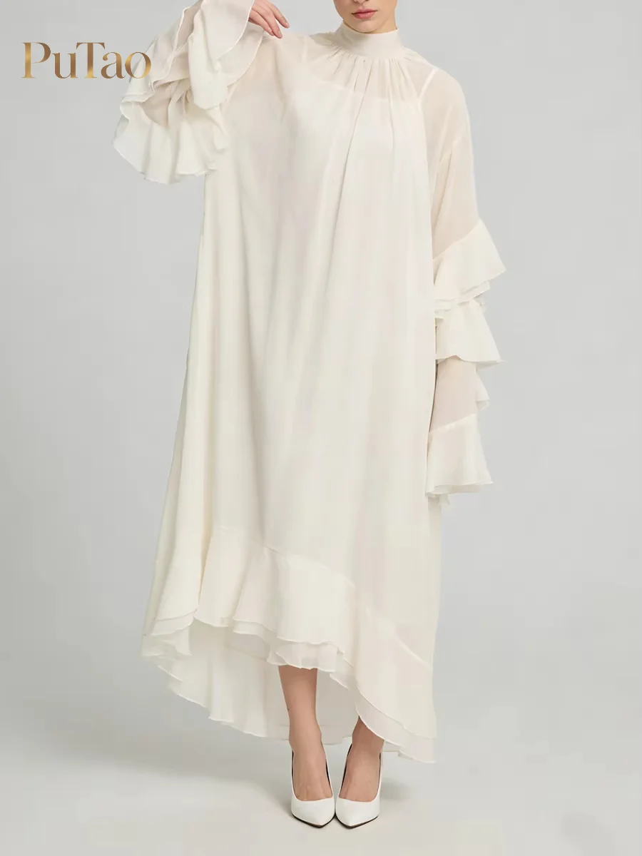 Putao Saudi Modest White High Neck Chiffon Abaya Dress Multi Layer Ruffle Long Sleeve Loose Flowy Muslim Women Evening Party Gow