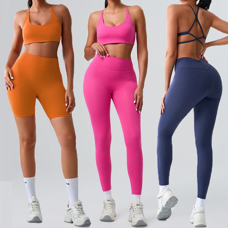 

Комплект из двух предметов для фитнеса и йоги, женский мягкий спортивный костюм, однотонная эластичная спортивная одежда для бега, женская одежда для тренировок