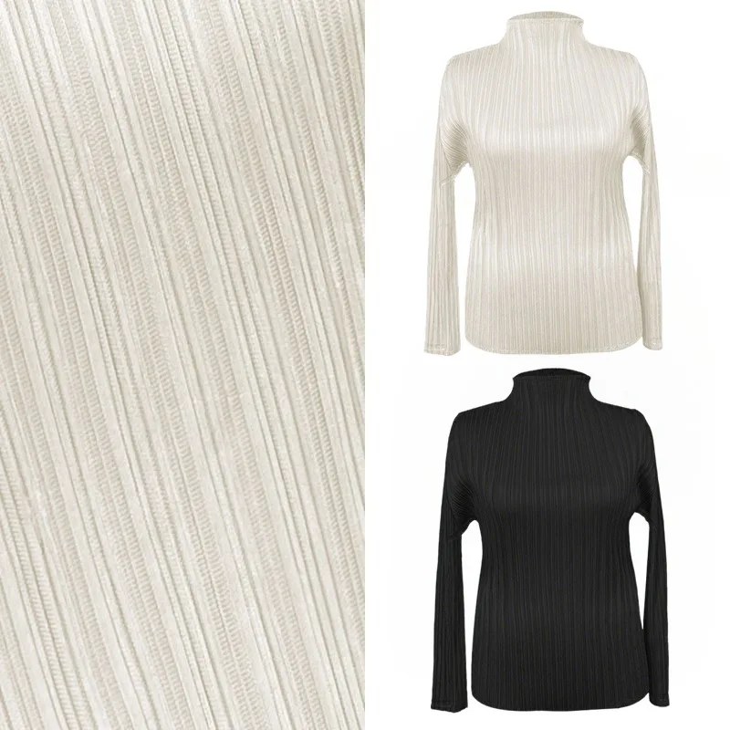 

Miyake Classic Pleated T-shirt Women's Long-sleeved Blouse Bottoming Shirt Fall New High Neck Tight with Elastic Inner Clothing