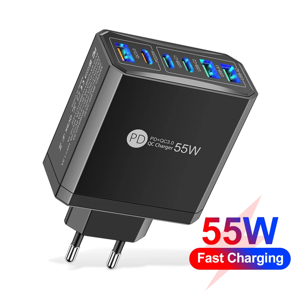 55W 3 USB 3 PD Charger Fast Charging QC3.0 Travel Charger For iPhone 15 14 Samsung Xiaomi Mobile Phone Adapter EU KR US UK Plug