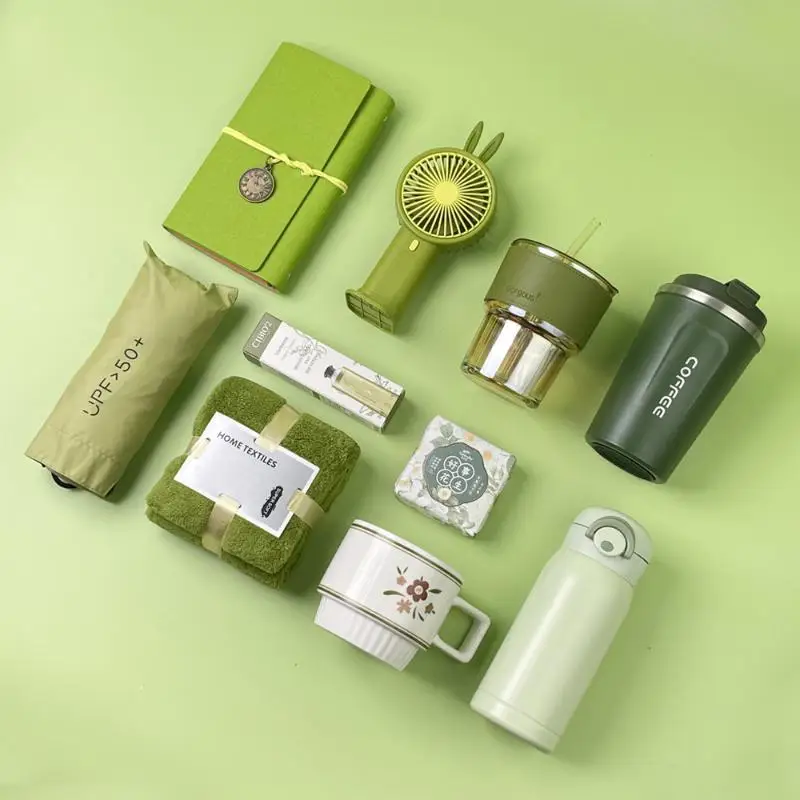 

Green Gift Set With Cup Super Soft Towel And UPF 50 Sun Accessory For Corporate Gifts Employee Rewards Holiday Gifts