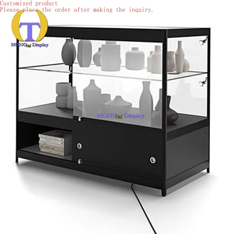 

Custom.Aluminum Lockable Glass Door with Spot Light Glass Shelf Cabinet Display for Retail Store Display Showcase Tobacco Store