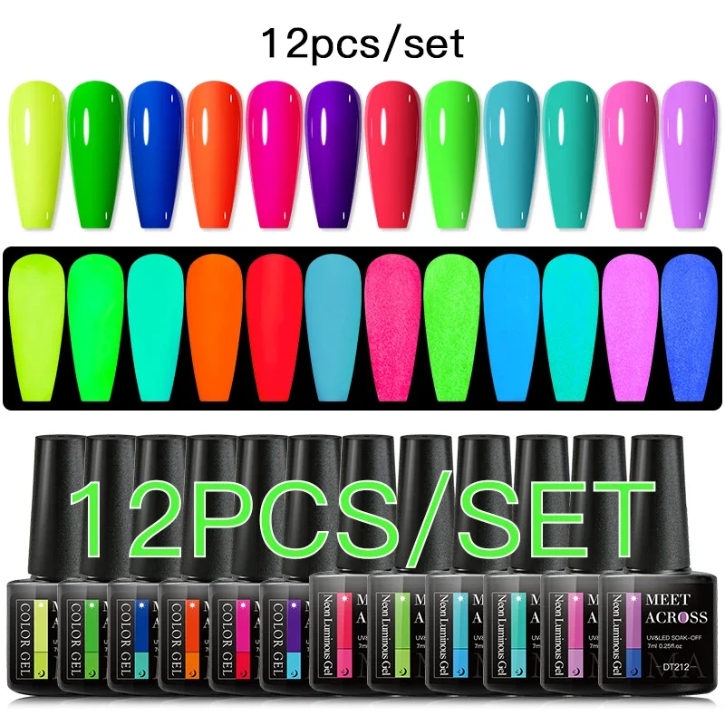 12-delige nagelgellakset voor alle seizoenen fluorescerende nagelkunst DIY Vernis semi-permanente HEMA-vrije UV/LED-schildergel manicurekits