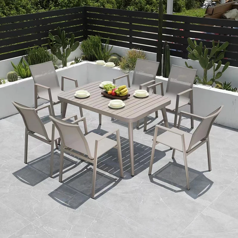 High Quality Comfortable Dining Set Aluminum Fabric Breathable Teslin Bistro Outdoor Armchair with Extended Table 180-240cm 9pcs