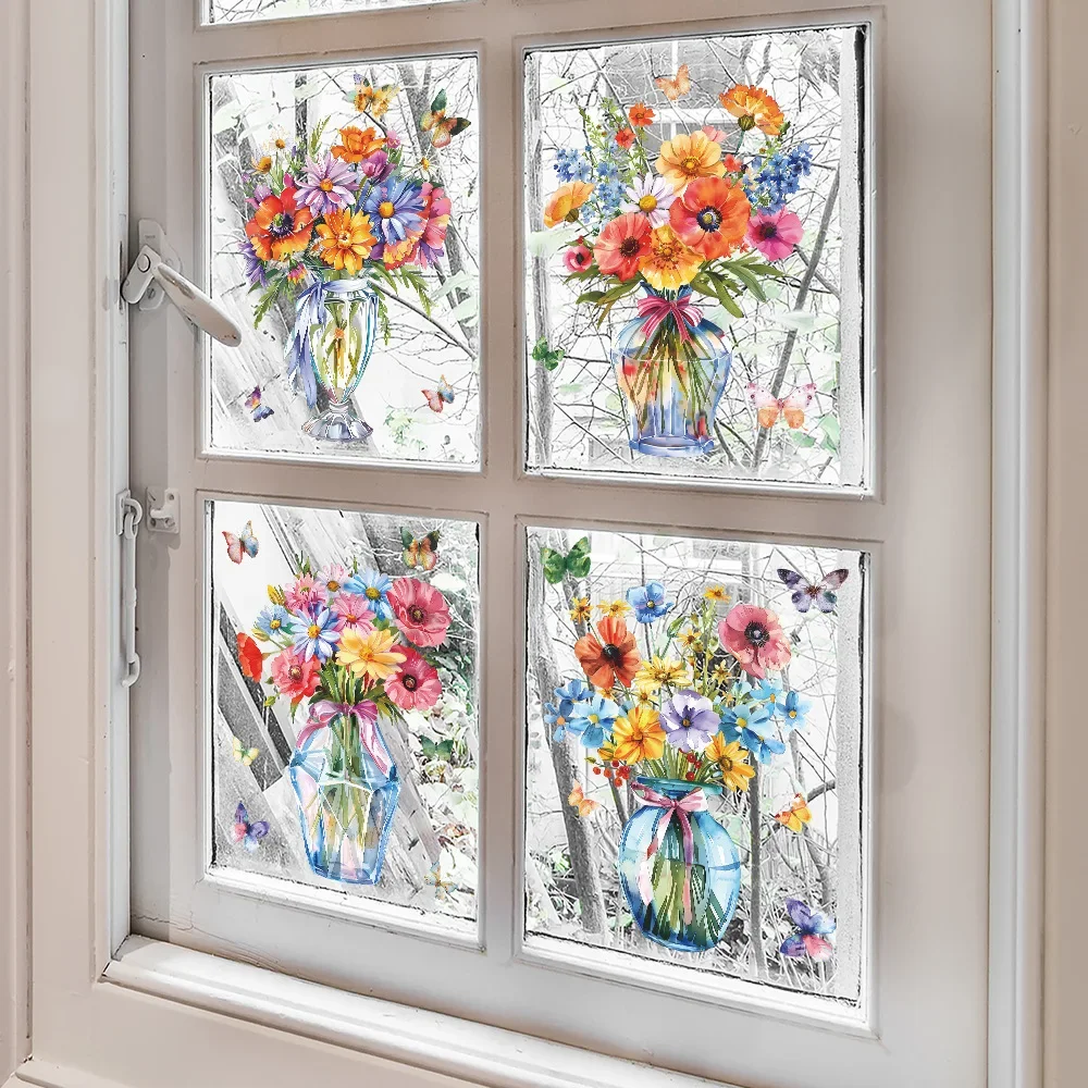 4PCS Watercolor Flower Vase Couplet Painting Glass Window Home Beautify Decoration Electrostatic Uv Window Sticker