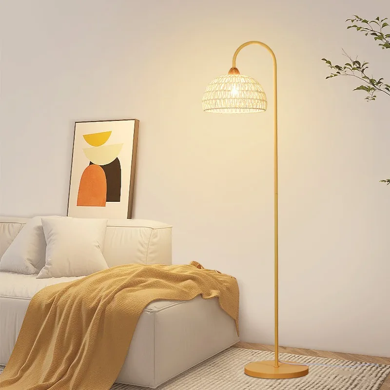 Vintage Simple Rattan Lampshade Led Floor Lamps Living Room Bedroom Bedside Lamp Sofa Side Standing Lights Indoor Ambient Light