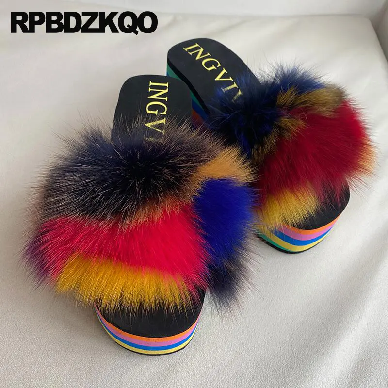 Runway High Heels Flatform Rainbow Open Toe Fluffy Pumps With Fur Shoes Slides Wedge Designer Sandals Women Luxury 2021 Furry