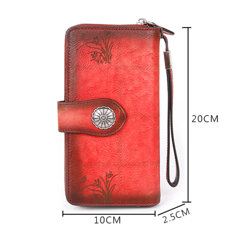 MOTAORA Retro Genuine Leather Women Wallet ID/Credit Cards Holder Bag Multi-Purpose Printing Female Wrist Clutch Bags Long Purse