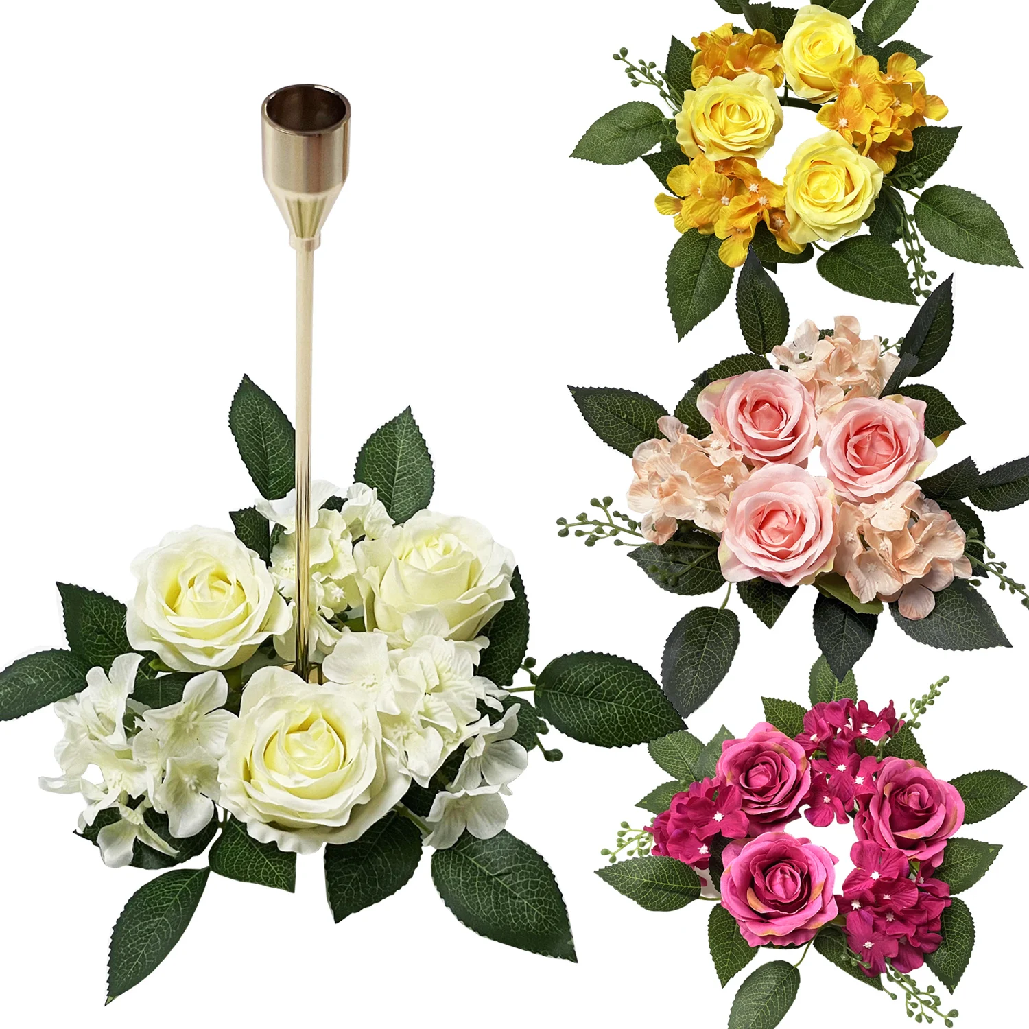 20cm/7.87inch Small Wreath for Candlestick Candle Ring Fake Rose Garland Silk Artificial Floral Decor for Home Party Wedding