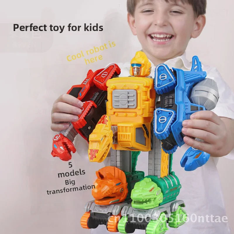 恐竜をテーマにした5-in-1子供用消防エンジニアリング車両掘削機合金プルバックおもちゃ、男の子向け教育的＆遊び時間の楽しみ