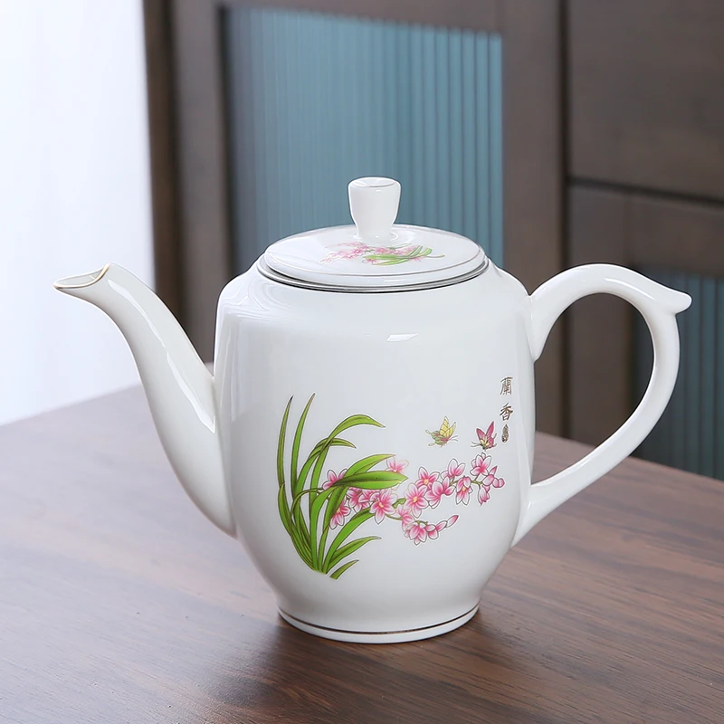 

Большой белый фарфоровый чайник объемом 800 мл с ручкой для домашнего использования, противоожоговый встроенный фильтр, один горшок, китайский кофе для заваривания