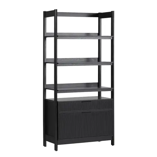 Transitional Open Reeded 4-Shelf Bookshelf with Drawers on Bottom, Versatile Bookcase with Bottom Storage for Home