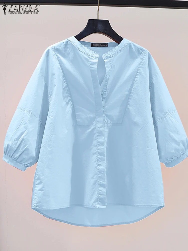 ZANZEA Summer Women O Neck 3/4 Sleeve Blouse Casual Shirt Elegant Solid OL Work Blusas Causal Buttons Down Tops Loose Chemise