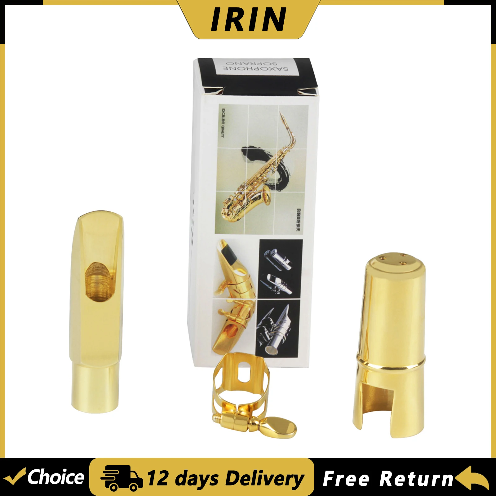 IRIN Soprano Saxophone Mouthpiece Tip 5 6 7 8 Golden Metal Sax Mouthpiece with Ligature Cap Woodwind Instrument Accessories
