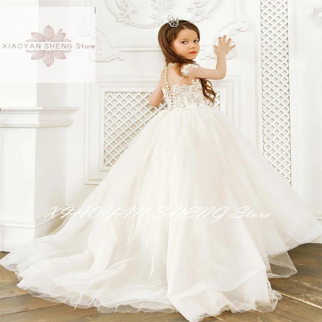 Tulle Puffy Flower Girl Dress for Wedding Applique Ruffles Knee Length Kids First Communion Pageant Party Birthday Ball Gown