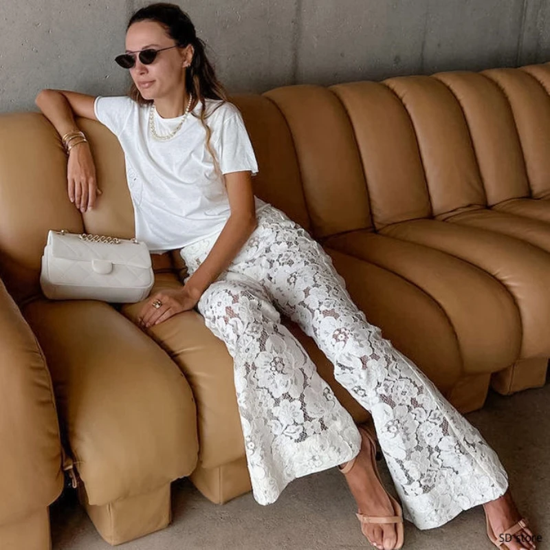 Lace White Jacquard Perspective High Waist Casual Bell-bottoms 2025 Spring Fashion Street Girls Pants