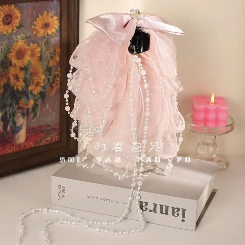 

Floral Ponytail Clip Lace Rose Bow Ethereal Hair Claw Clip Detachable Fringe Design Hair Accessories Women's Hairpiece