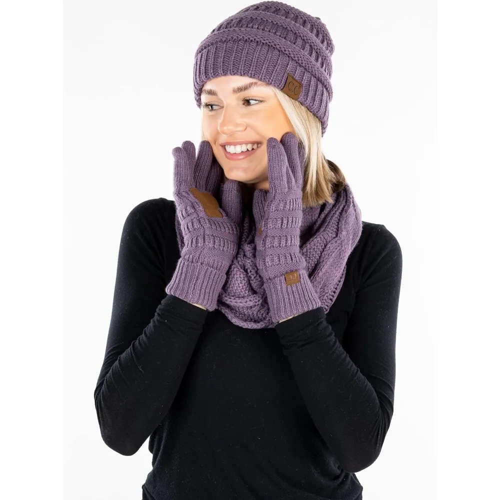 Damski zimowy zestaw: dziergana czapka, szalik i rękawiczki - prążkowana czapka beanie, szalik typu infinity i ciepłe mitenki na zimne dni